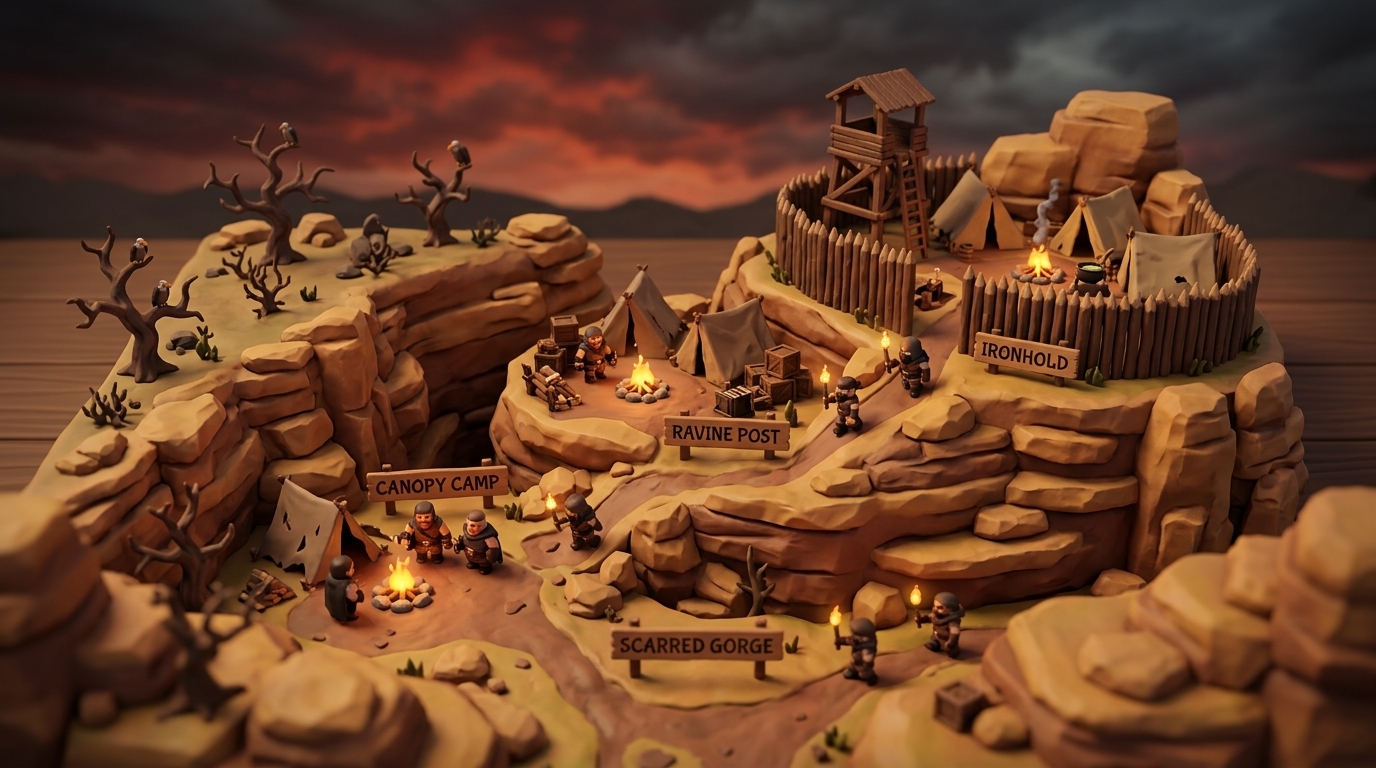 A wastelands frontier at dusk with multiple bandit camps at various upgrade tiers under a stormy red-orange sky.