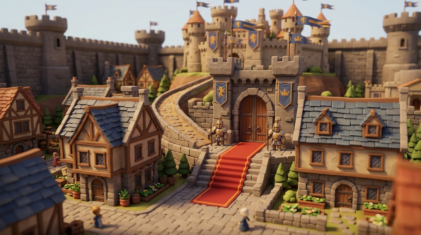 A hilltop fantasy castle with twin spires and kingdom banners overlooking its stone-paved town in dramatic sunset light.