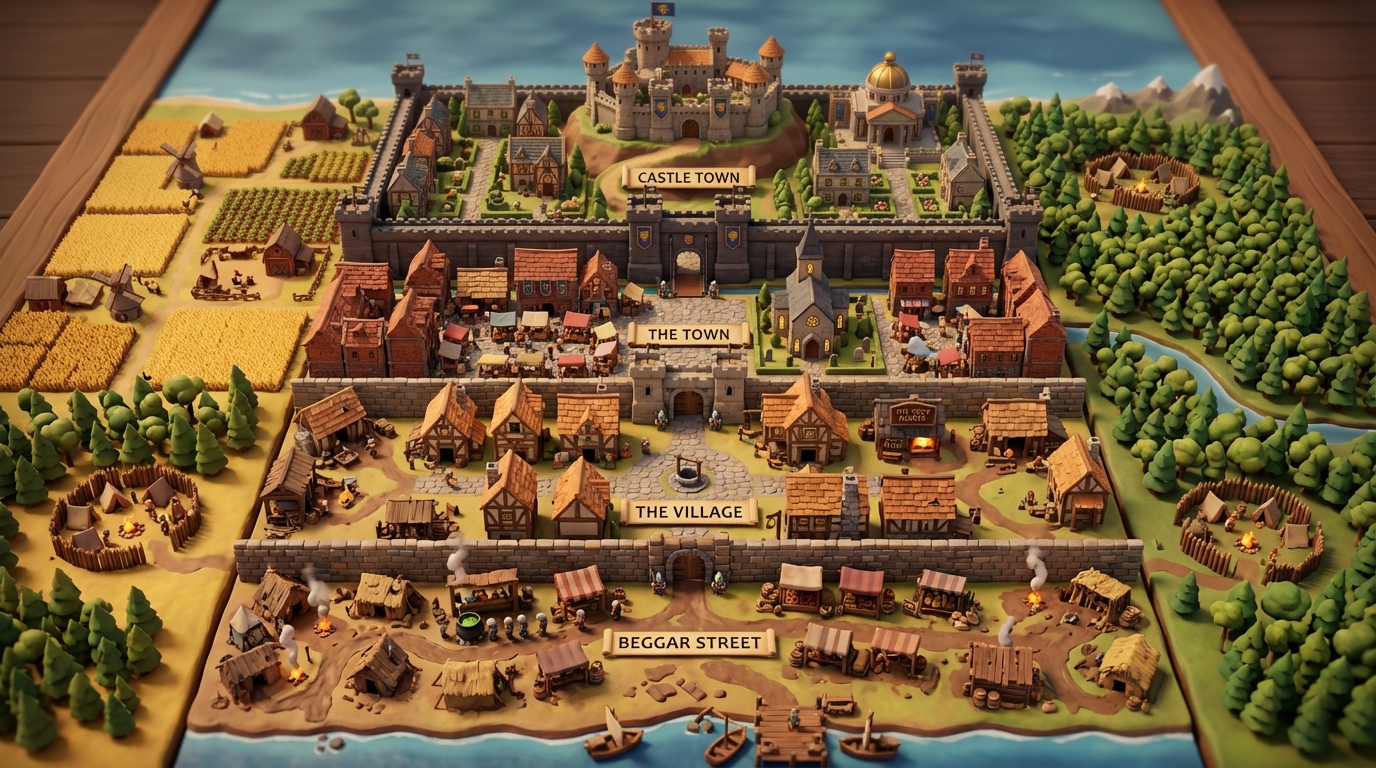 Top-down isometric view of the Kingdom Sandbox: four stacked rectangular tiers from Beggar Street to Castle Town, surrounded by vast forest, wilderness, sea, and mountains in a soft-lit low-poly diorama style.