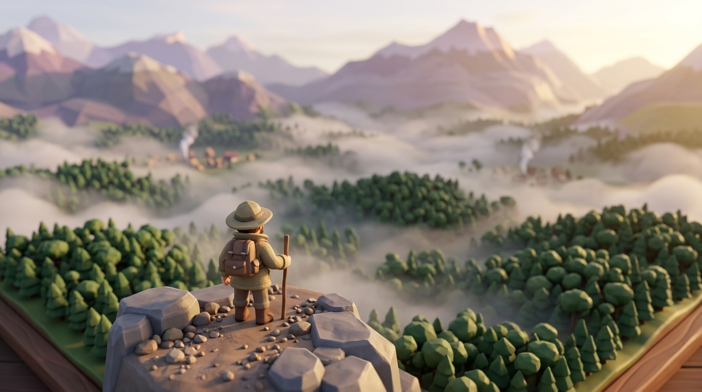 A lone silhouetted explorer on a rocky outcrop looking out across vast fog-shrouded mountain ranges, with early-stage bandit camps and tent smoke in the middle distance hinting at new settlements.