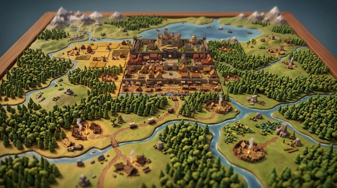An ultra-wide panoramic view of the Kingdom Sandbox world in soft-lit low-poly diorama style: four stacked rectangular tiers from Beggar Street to Castle Town, surrounded by vast forest, wilderness, rivers, and scattered bandit camps.