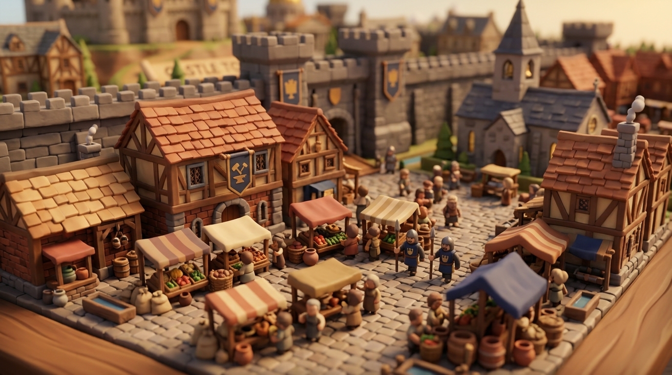 A walled medieval town with timber-and-brick buildings around a market square, bathed in late afternoon golden light.