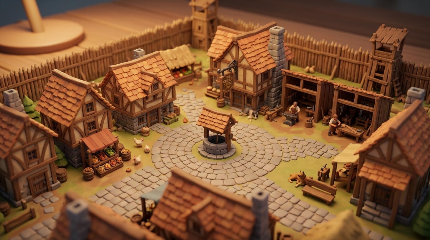 A peaceful thatched-roof village around a cobbled square with a stone well, fields and forest beyond, in warm morning light.
