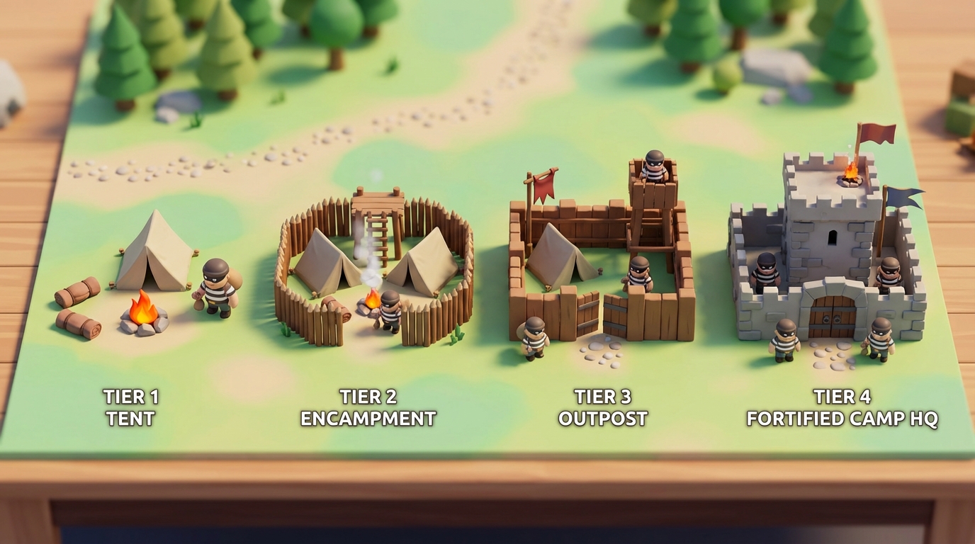 Four tiny bandit camps from left to right showing the upgrade ladder: Tent, Encampment, Outpost, Fortified Camp HQ — a single wide diorama.