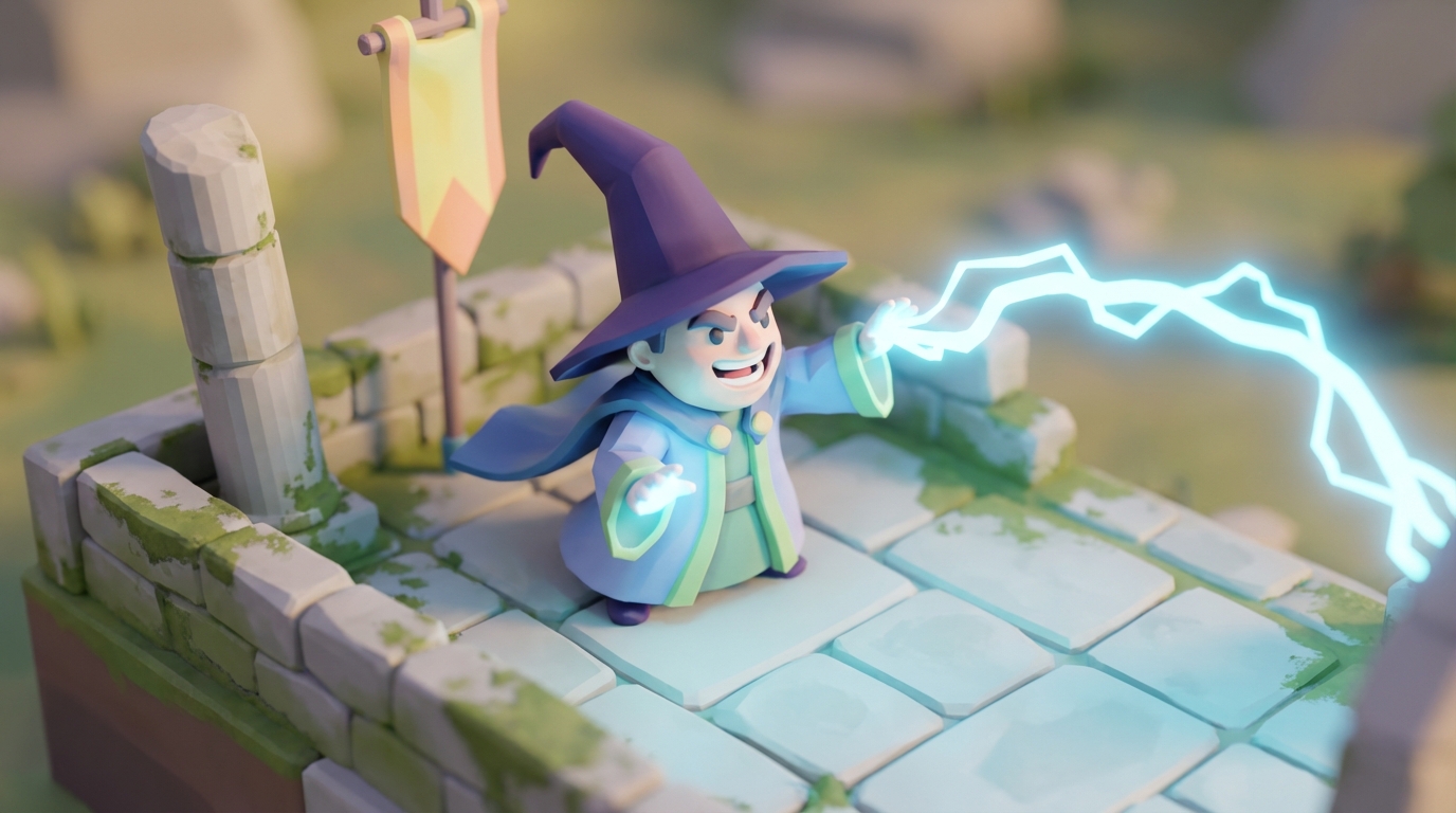A chunky low-poly sorcerer casting an arc of blue lightning in a tiny stone courtyard diorama.