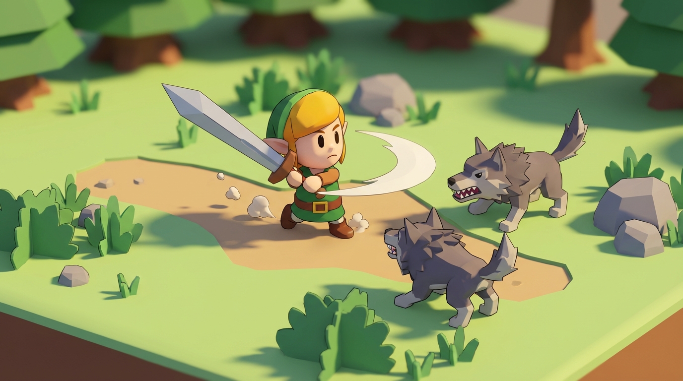 A chunky low-poly warrior swinging a longsword at two circling wolves in a tiny grass clearing diorama.