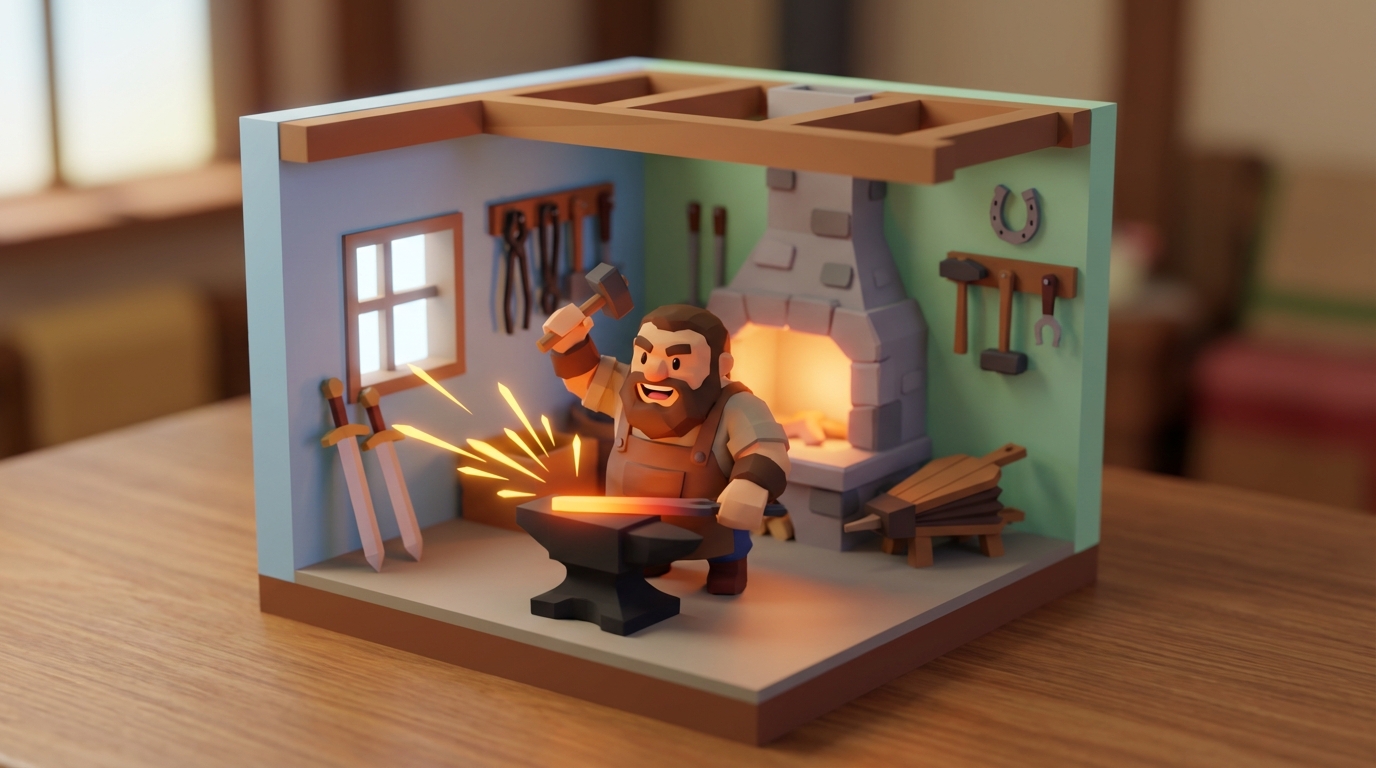 A bearded chunky low-poly smith hammering a glowing iron bar on a tiny anvil inside a small forge diorama, sparks flying.