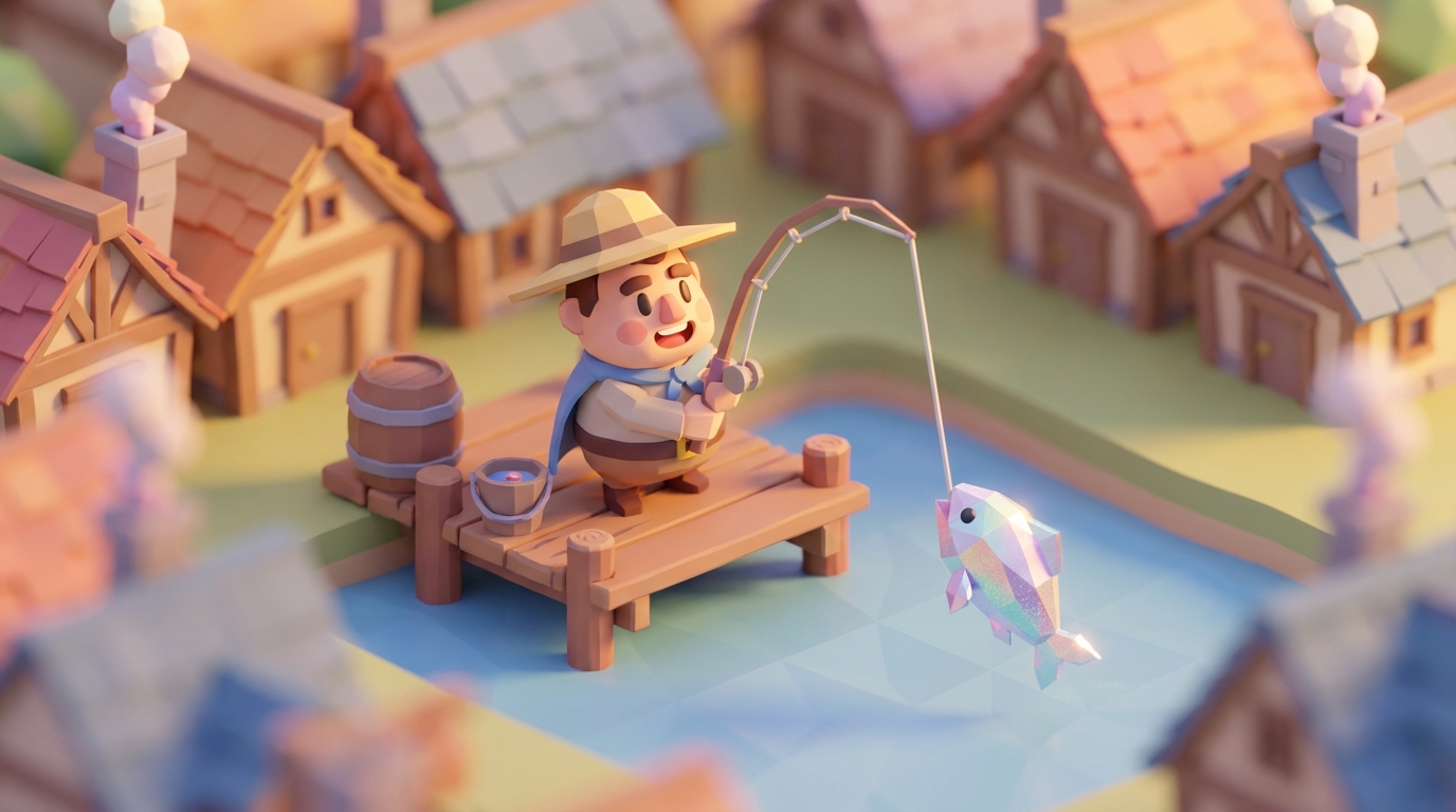 A chunky low-poly fisher with a bent rod on a tiny wooden dock with fish jumping out of the water, Beggar Street rooftops behind.