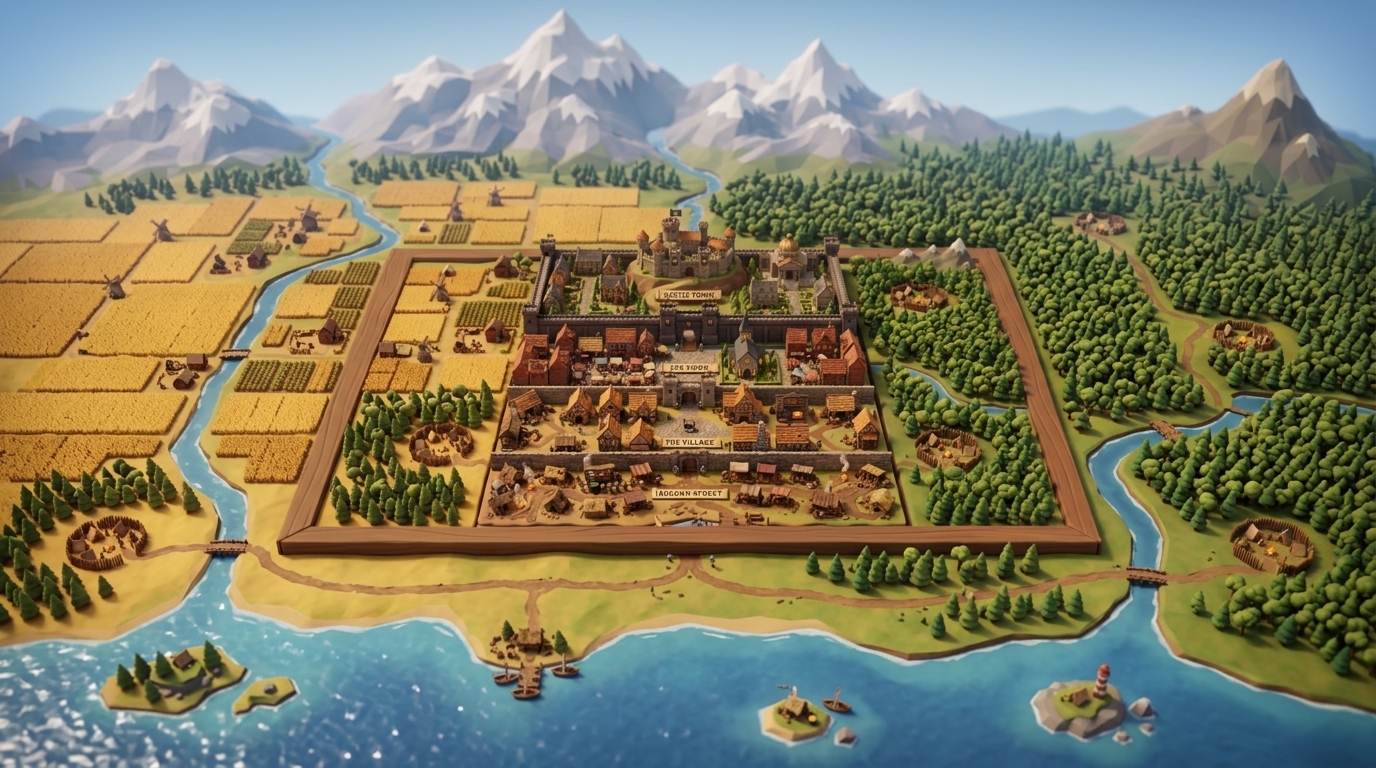 A vast medieval fantasy landscape with the rectangular kingdom visible as a small cluster in the center, surrounded by dense forest, farmland, rivers, mountains, and scattered bandit camps.