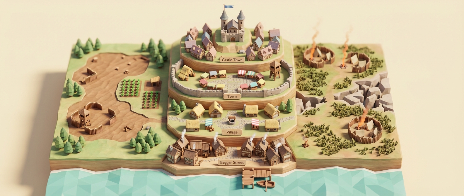 Top-down view of the rectangular Kingdom Sandbox world: four horizontal tier bands from Beggar Street at the south to the Castle at the north, with wastelands flanking both sides.