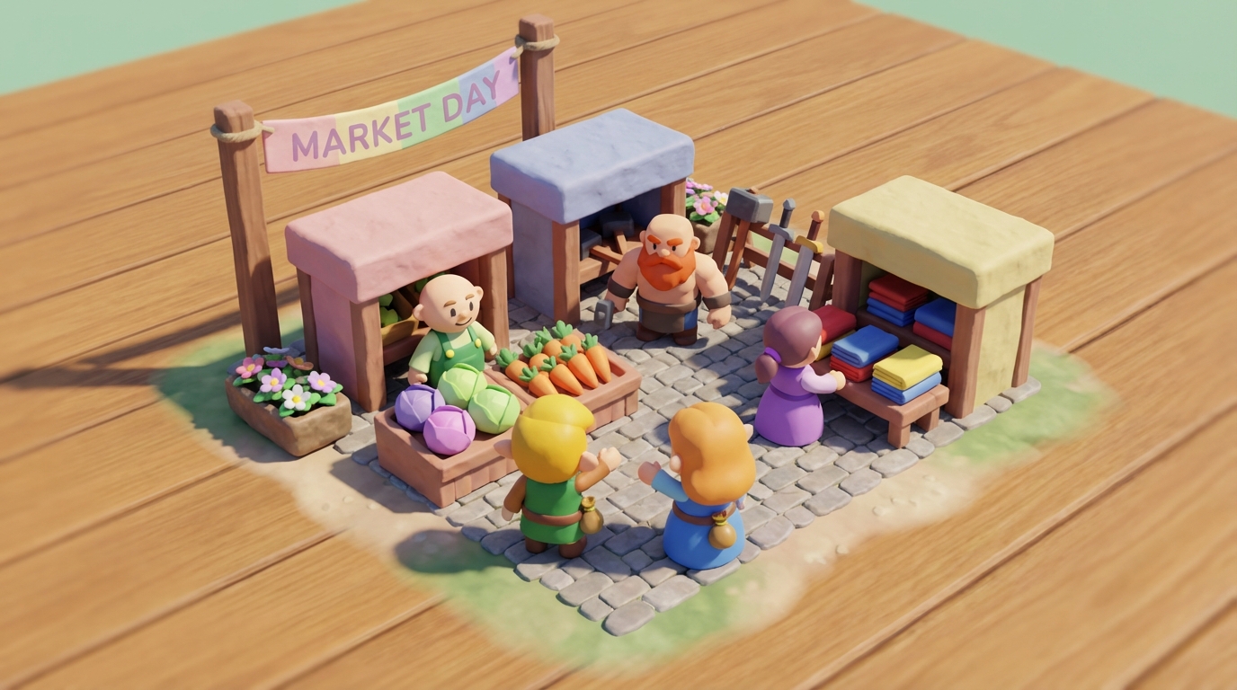 A tiny bustling village marketplace seen from above-and-tilted with three NPC stalls and two players bargaining.
