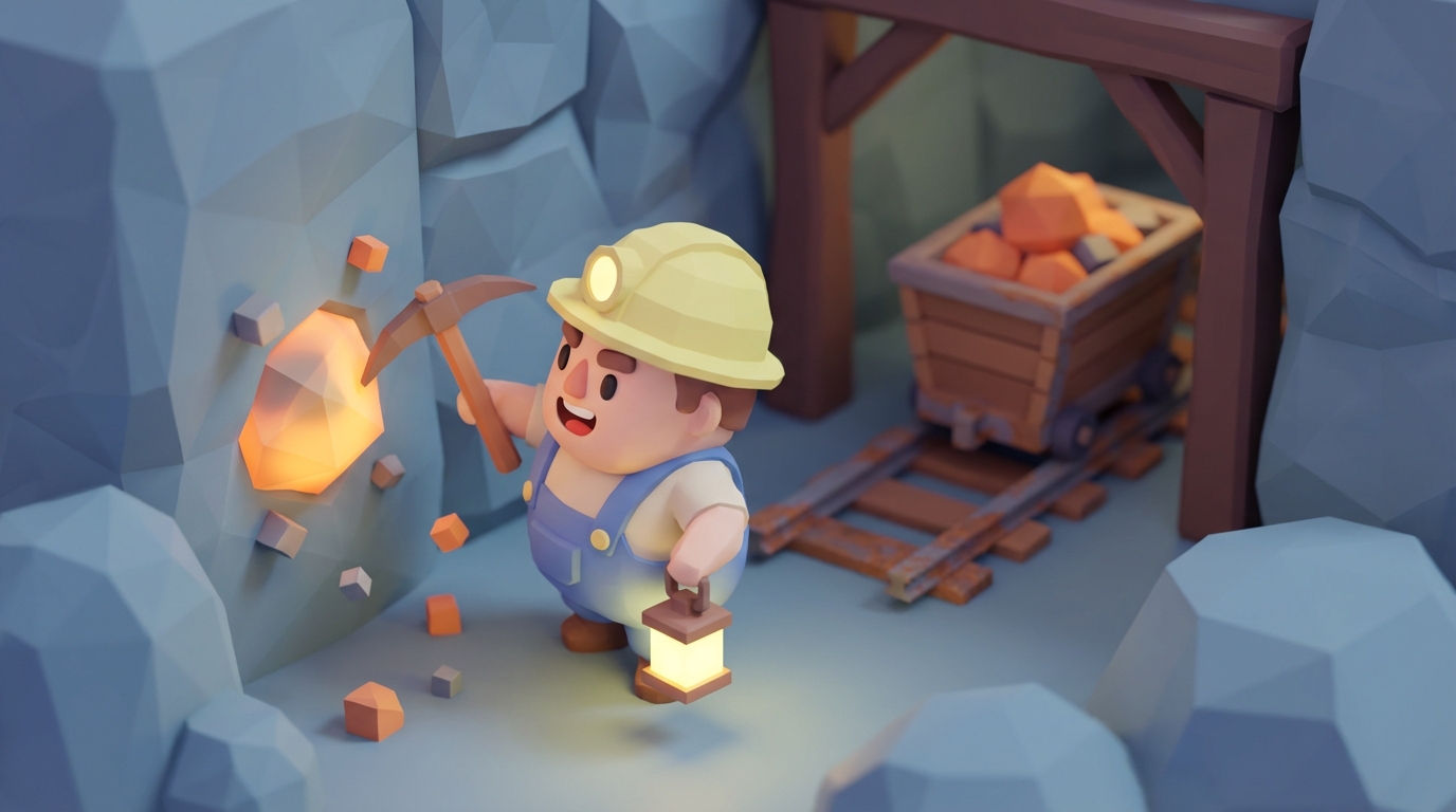 A chunky low-poly miner with helmet and lantern swinging a pickaxe at a glowing iron ore vein in a tiny cave.