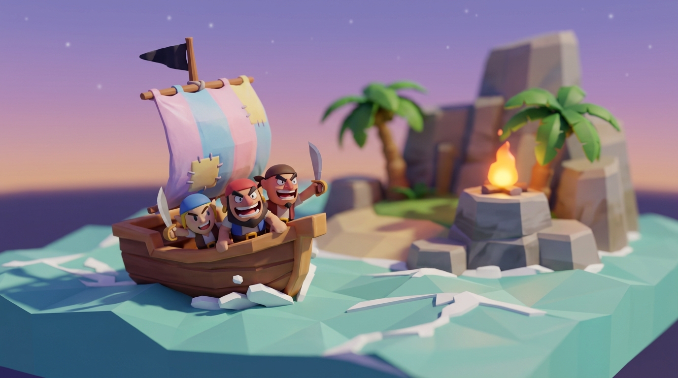 A tiny pirate skiff approaching a small island at dusk with three chunky low-poly pirates on deck, signal fire on the island.