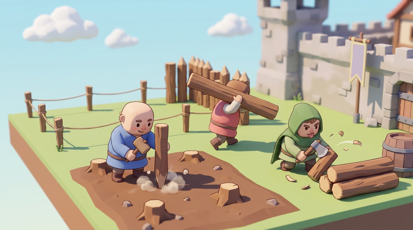 Top-down view of players and the king building walls outward into the frontier, claiming new land block by block from the wastelands.