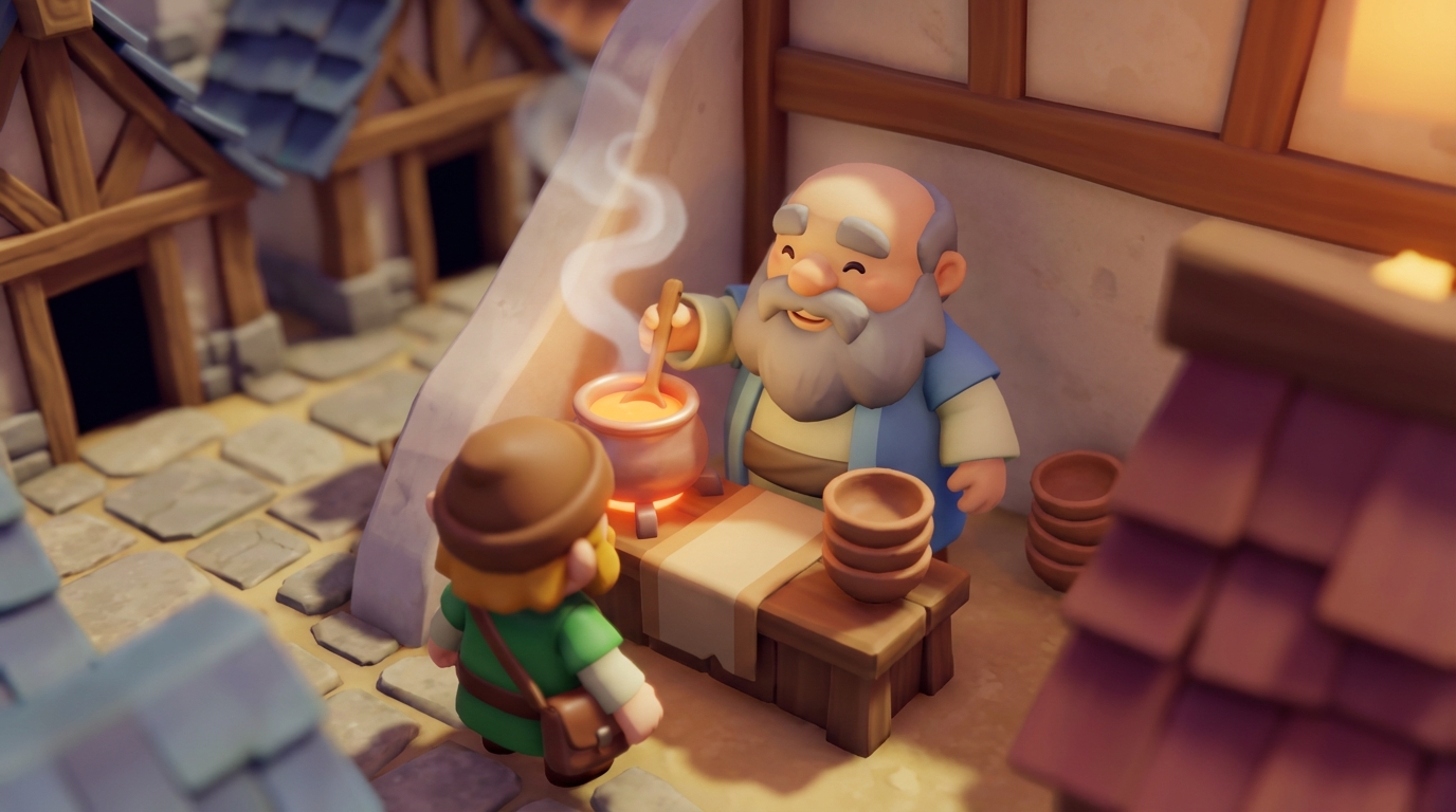 Tobias, a chunky low-poly old man with a kind face and gray beard, stirring a steaming pot at a soup kitchen on Beggar Street while a player approaches.
