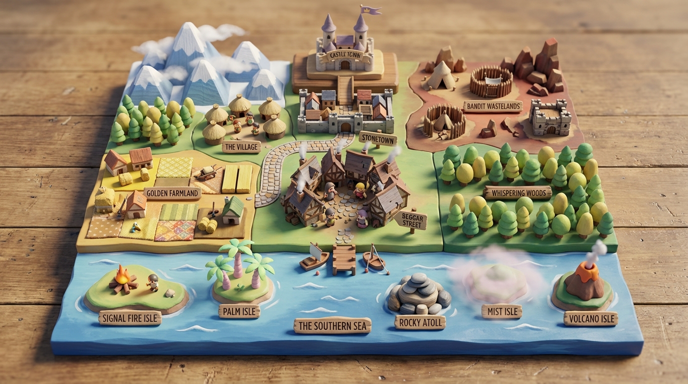 A canonical top-down board-game style map of the Kingdom Sandbox v0 world with Beggar Street centered, the sea and islands south, the kingdom road and tiers north, forest and wilderness flanking east and west, bandit wastelands northeast — rendered as a tiny handpainted wooden tabletop diorama.